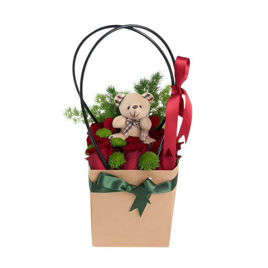 Red Bear – Kraft Çantada Kırmızı Gül ve Ayıcık Anahtarlık