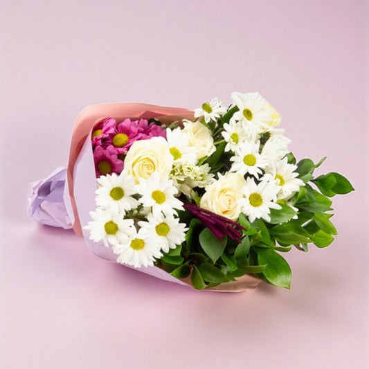 Ivory Leaves – Lila Bukette Beyaz Gül ve Ruskos