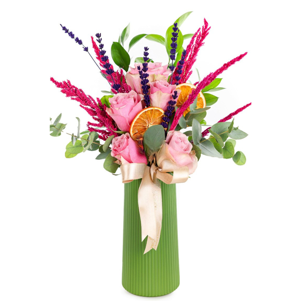 Rosy Grace – Yeşil Vazoda Pembe Güller