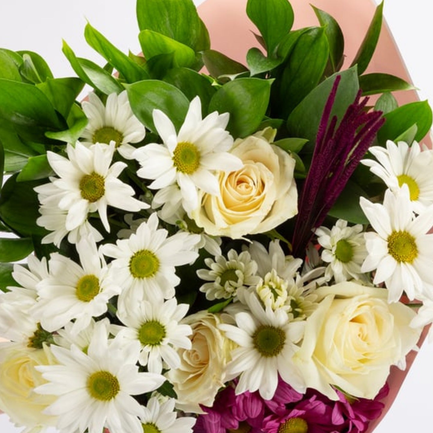 Ivory Leaves – Lila Bukette Beyaz Gül ve Ruskos