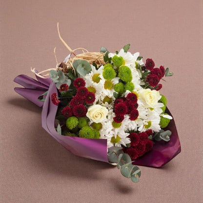 Deep Autumn – Mor Bukette Beyaz Gül ve Krizantem