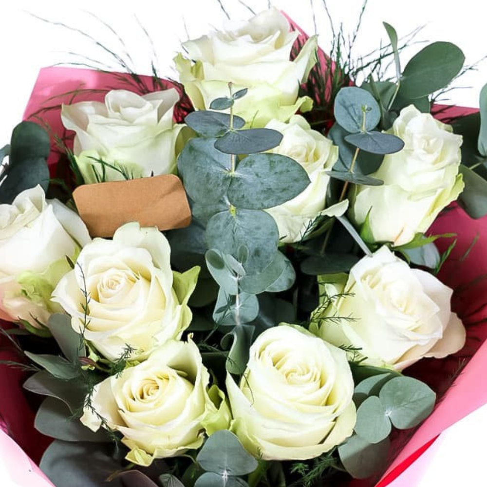 Pembe Kağıtta 9 Beyaz Gül Buketi - Rosentra | Premium Flowers