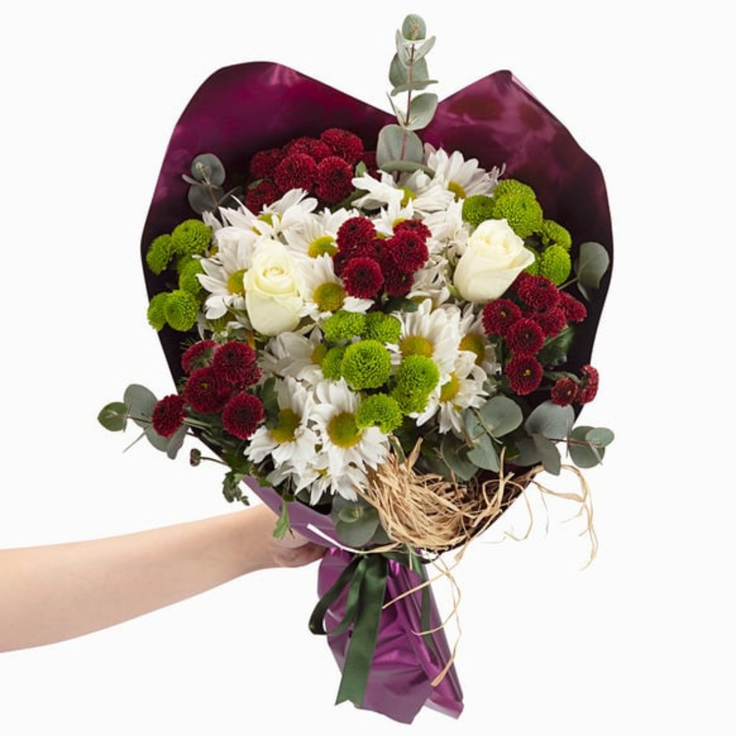 Deep Autumn – Mor Bukette Beyaz Gül ve Krizantem