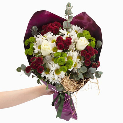 Deep Autumn – Mor Bukette Beyaz Gül ve Krizantem