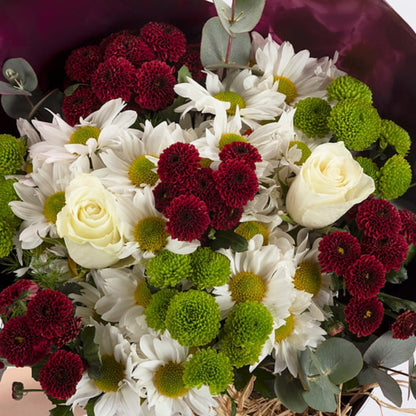 Deep Autumn – Mor Bukette Beyaz Gül ve Krizantem