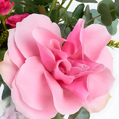 Rosy Blush – Yeşil Çizgili Vazoda Pembe Çardak ve Pembe Gül