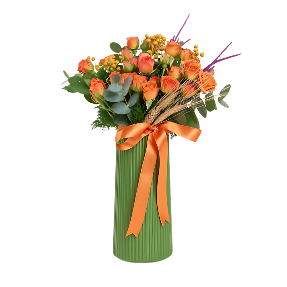 Citrus Flame – Yeşil Çizgili Vazoda Turuncu Çardak Güller