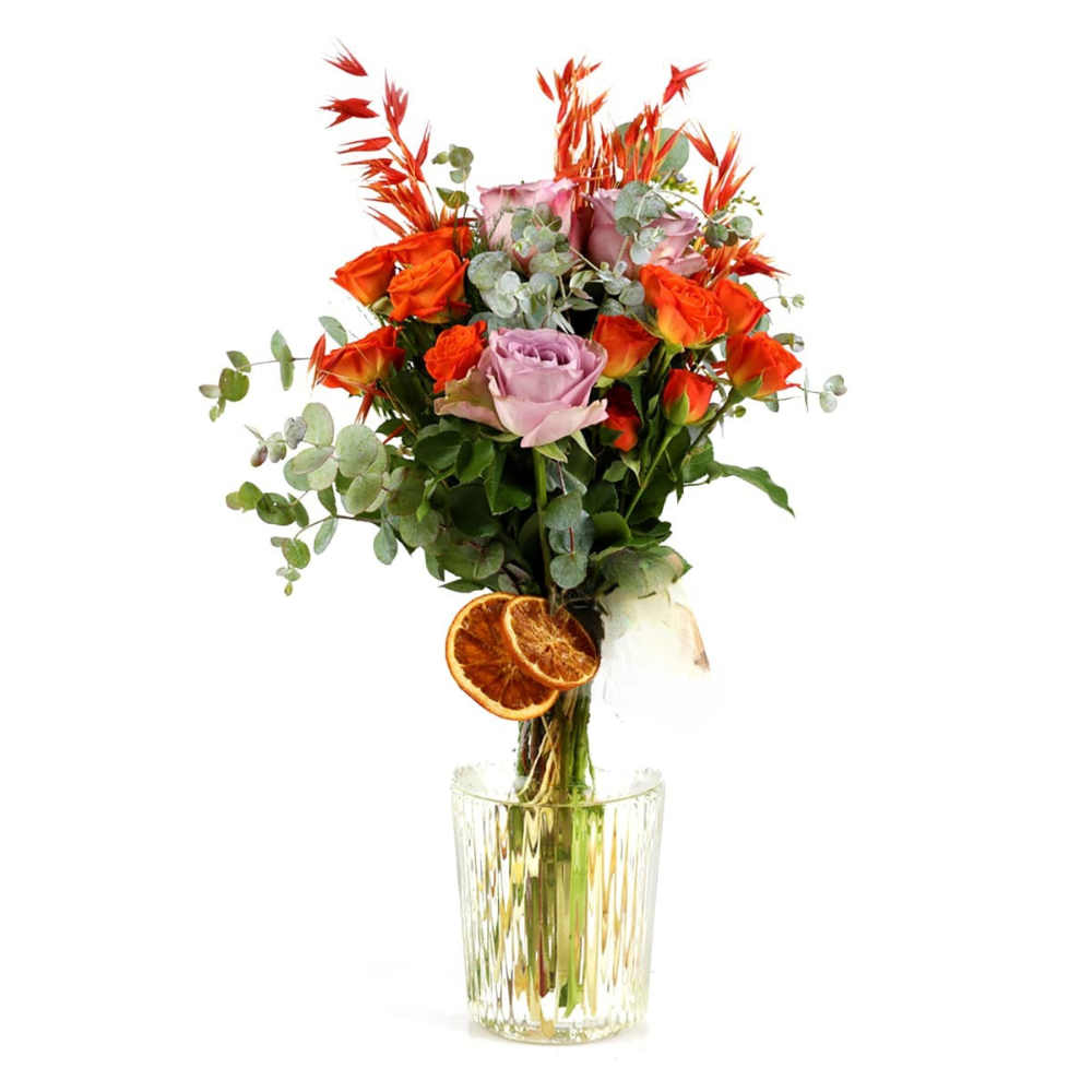 Amber Grace – Premium Cam Vazoda Turuncu ve Lila Güller