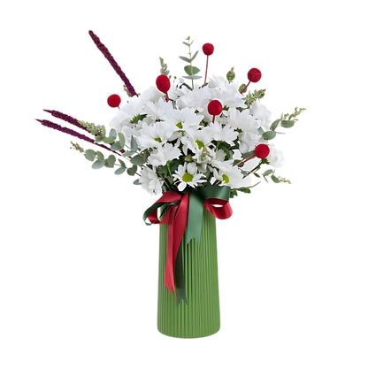 Berry Field – Yeşil Vazoda Beyaz Papatya ve Kırmızı Craspedia