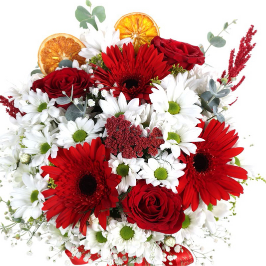 Ruby Garden – Cam Vazoda Gerbera, Papatya ve Kırmızı Gül