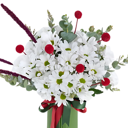 Berry Field – Yeşil Vazoda Beyaz Papatya ve Kırmızı Craspedia