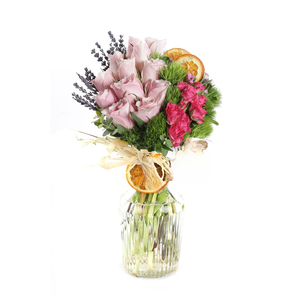 Blush Cloud – Premium Cam Vazoda Pembe Çardak ve Pembe Güller