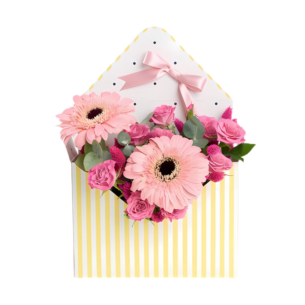 Blush Zarf – Sarı Zarf Pembe Gerbera ve Güller