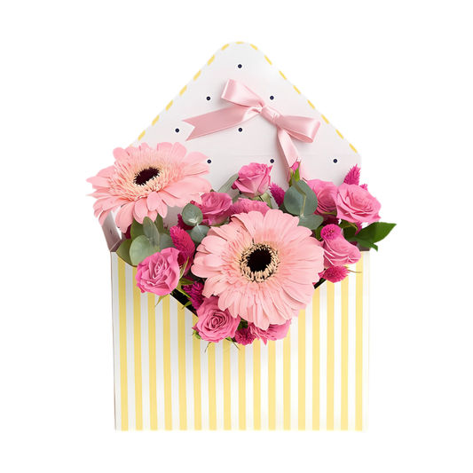 Blush Zarf – Sarı Zarf Pembe Gerbera ve Güller