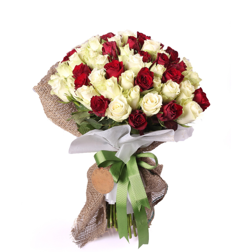 Premium Beyaz ve Kırmızı 60 Adet Gül Buketi - Rosentra | Premium Flowers