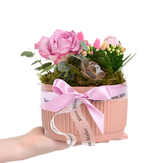 Terracotta Pink – Kiremit Saksıda Pembe Gül, Kalanchoe ve Echeveria