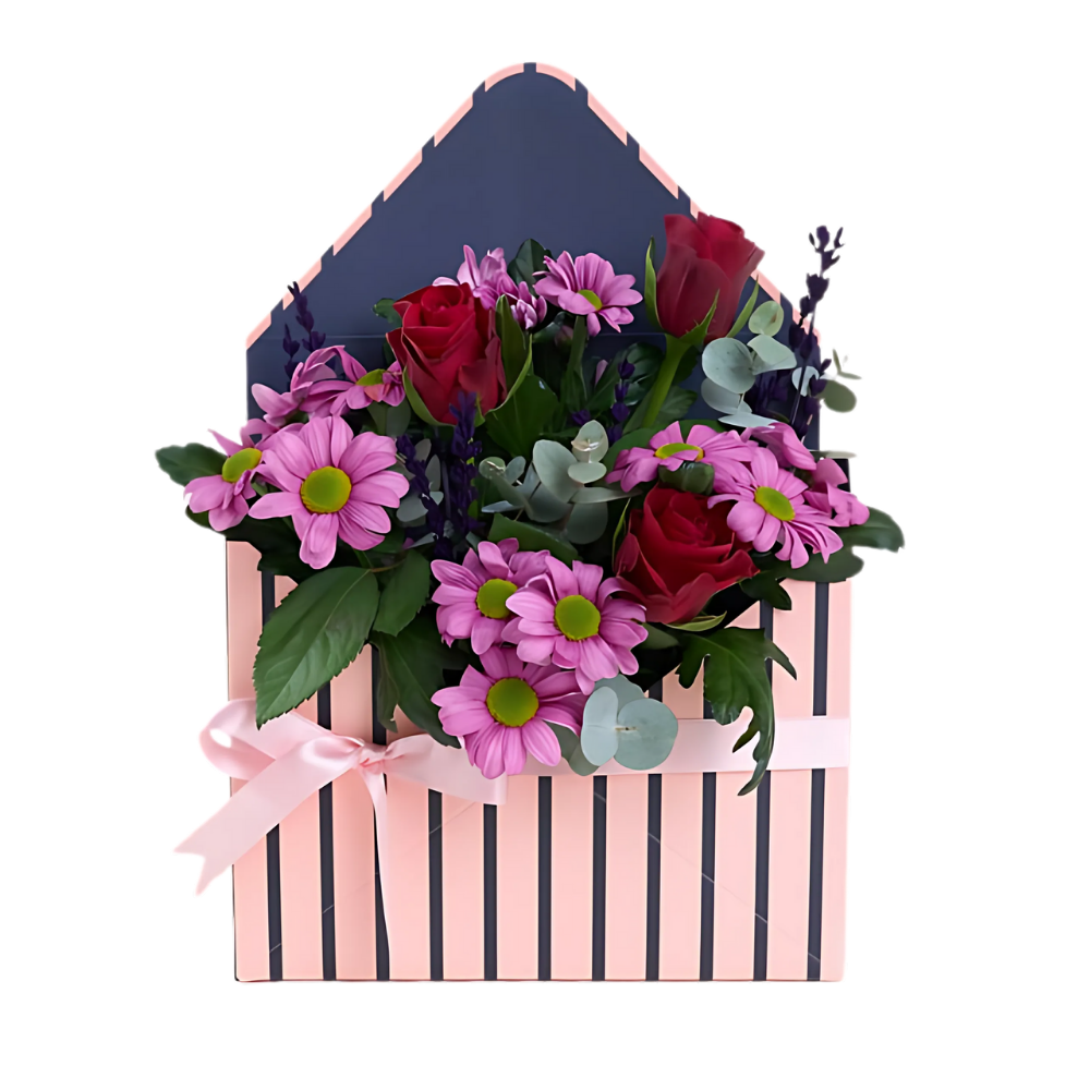 Zarf Rouge – Mor Zarf Kutuda Kırmızı Gül ve Pembe Papatya