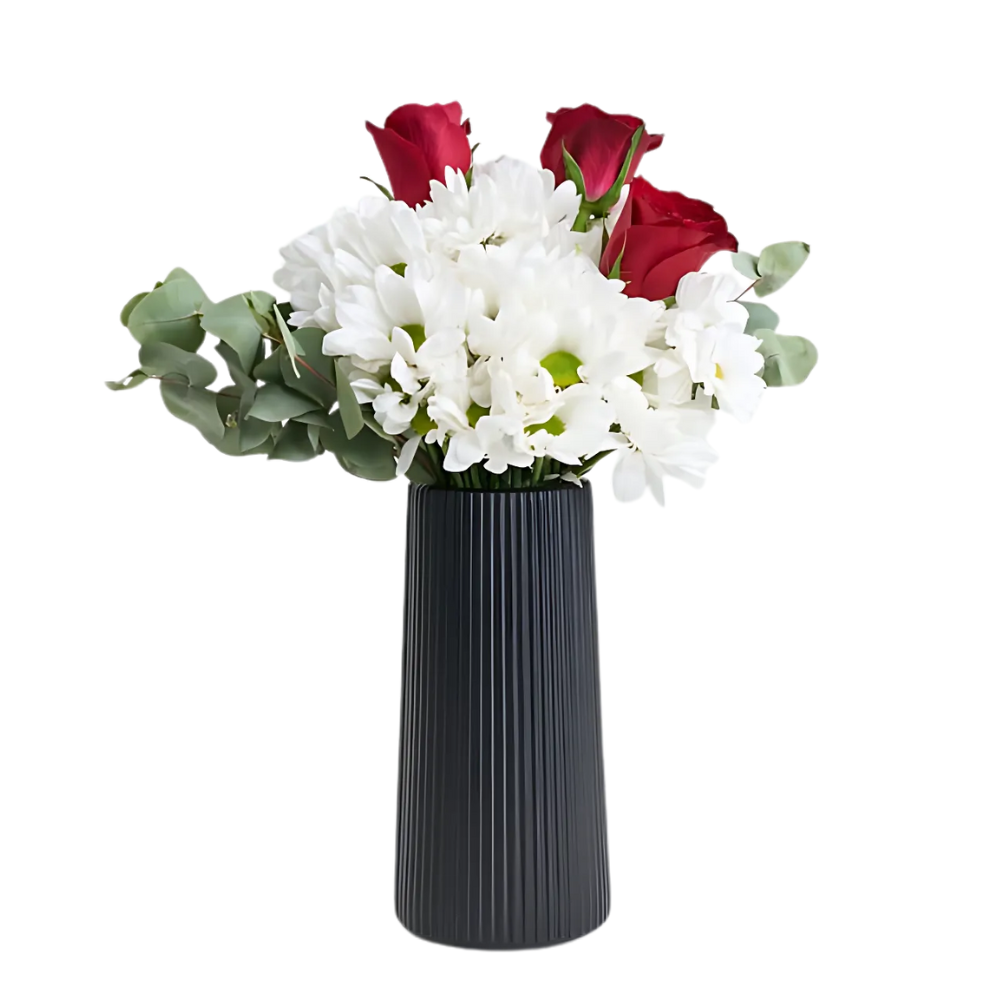 Siyah Vazoda Beyaz Papatyalar & Kırmızı Güller - Rosentra | Premium Flowers