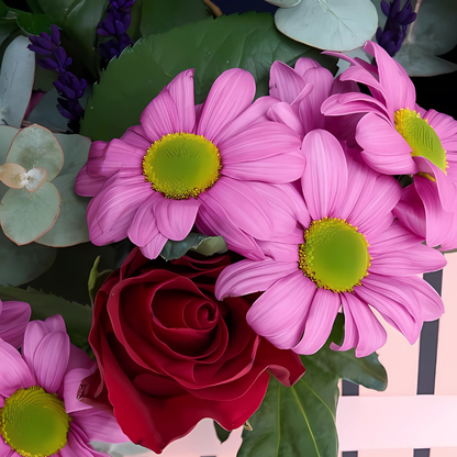 Zarf Rouge – Mor Zarf Kutuda Kırmızı Gül ve Pembe Papatya