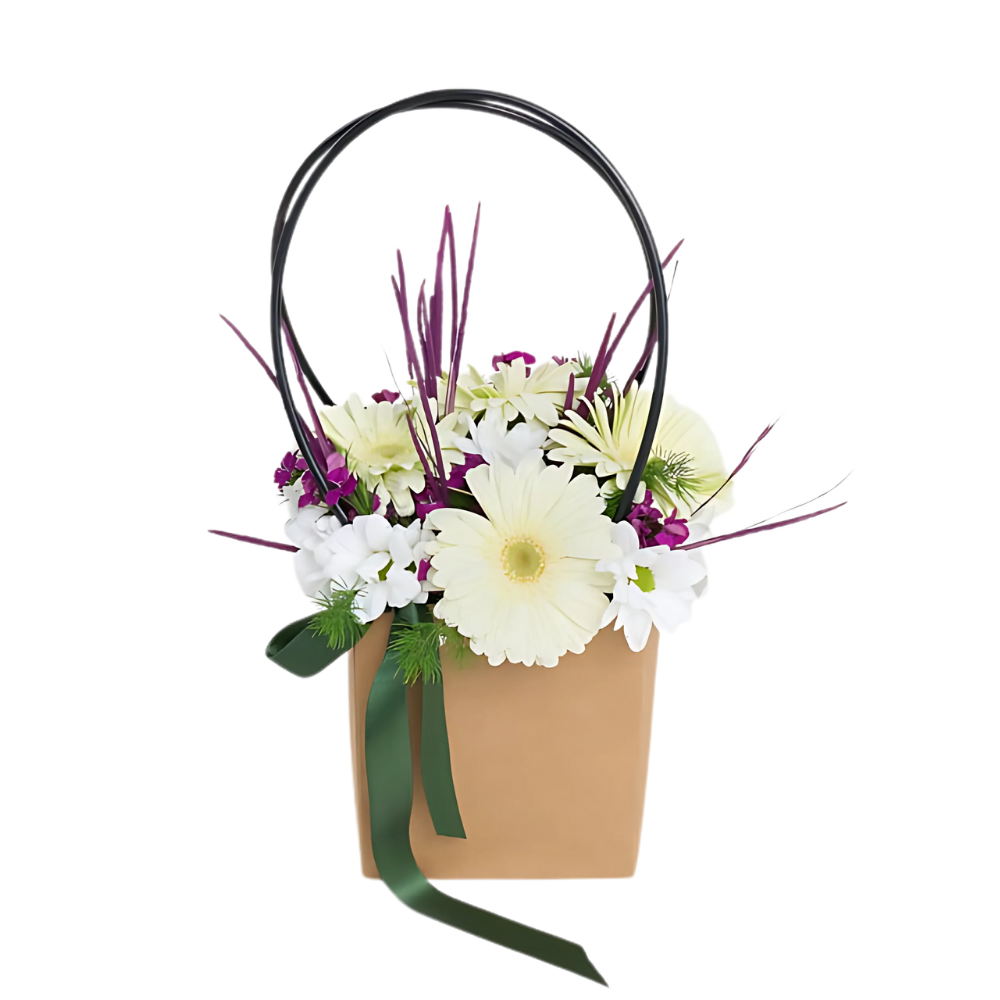 Country White – Kraft Çantada Beyaz Gerbera ve Papatya