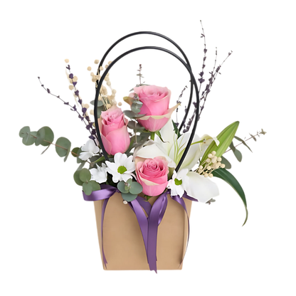 Rosy Lily – Kraft Çantada Pembe Gül ve Beyaz Lilyum