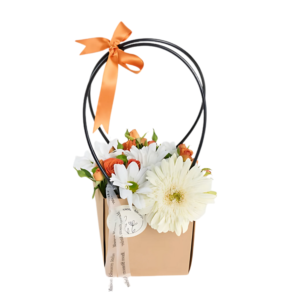 Field Light – Kraft Çantada Beyaz Gerbera ve Turuncu Çardak Gül