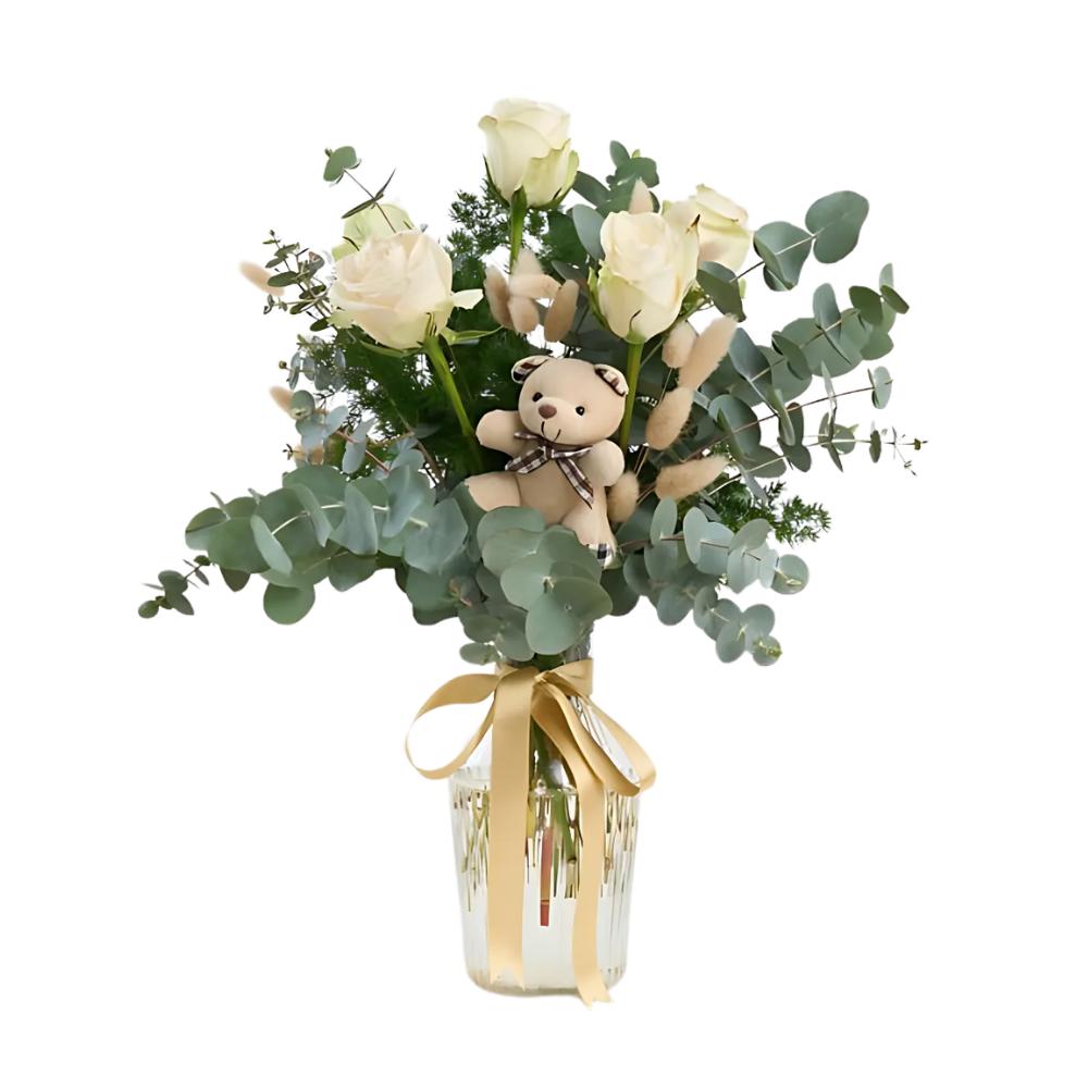 Premium Vazoda Beyaz Güller ve Ayıcık - Rosentra | Premium Flowers