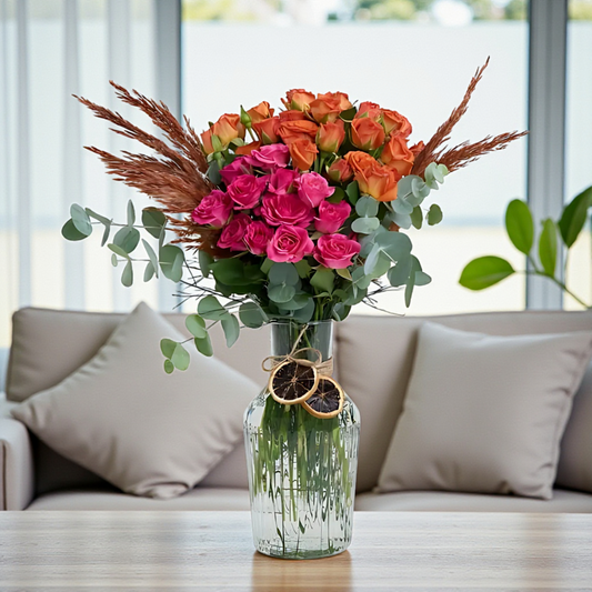 Premium Cam Vazoda Pembe ve Turuncu Çardak Güller