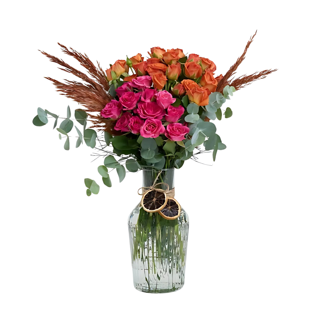 Premium Cam Vazoda Pembe ve Turuncu Çardak Güller - Rosentra | Premium Flowers