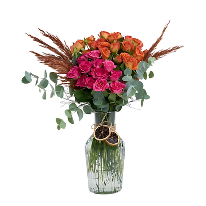 Premium Cam Vazoda Pembe ve Turuncu Çardak Güller - Rosentra | Premium Flowers