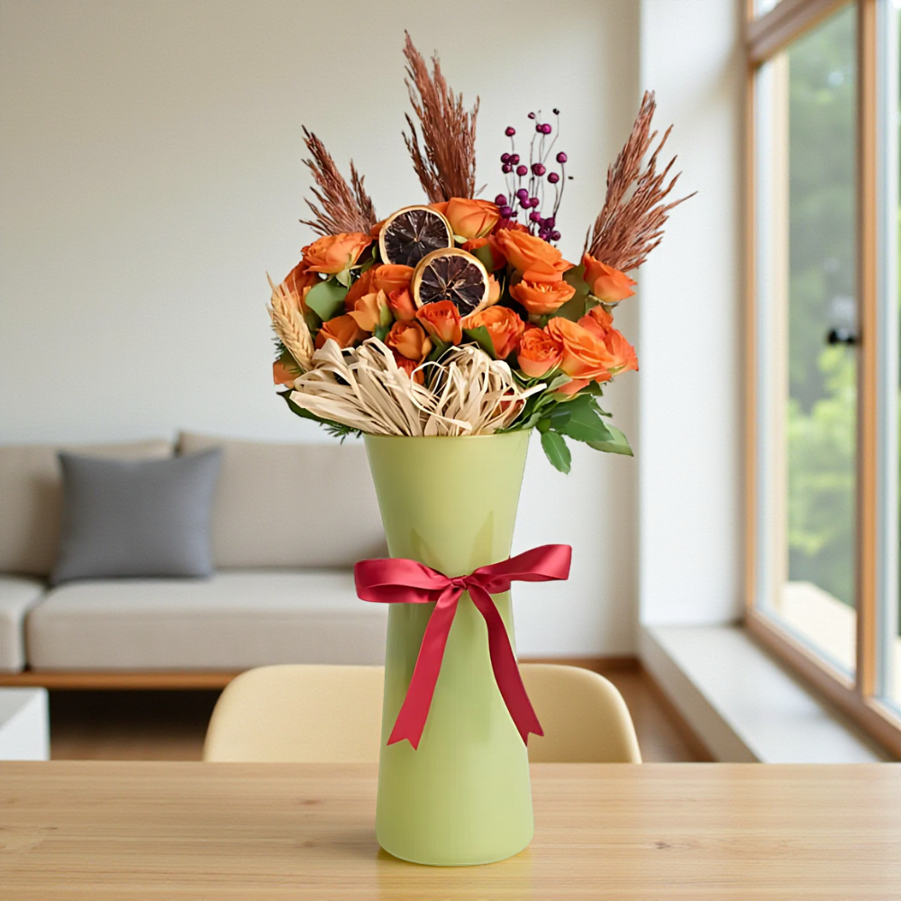 Yeşil Cam Vazoda Turuncu Çardak Güller