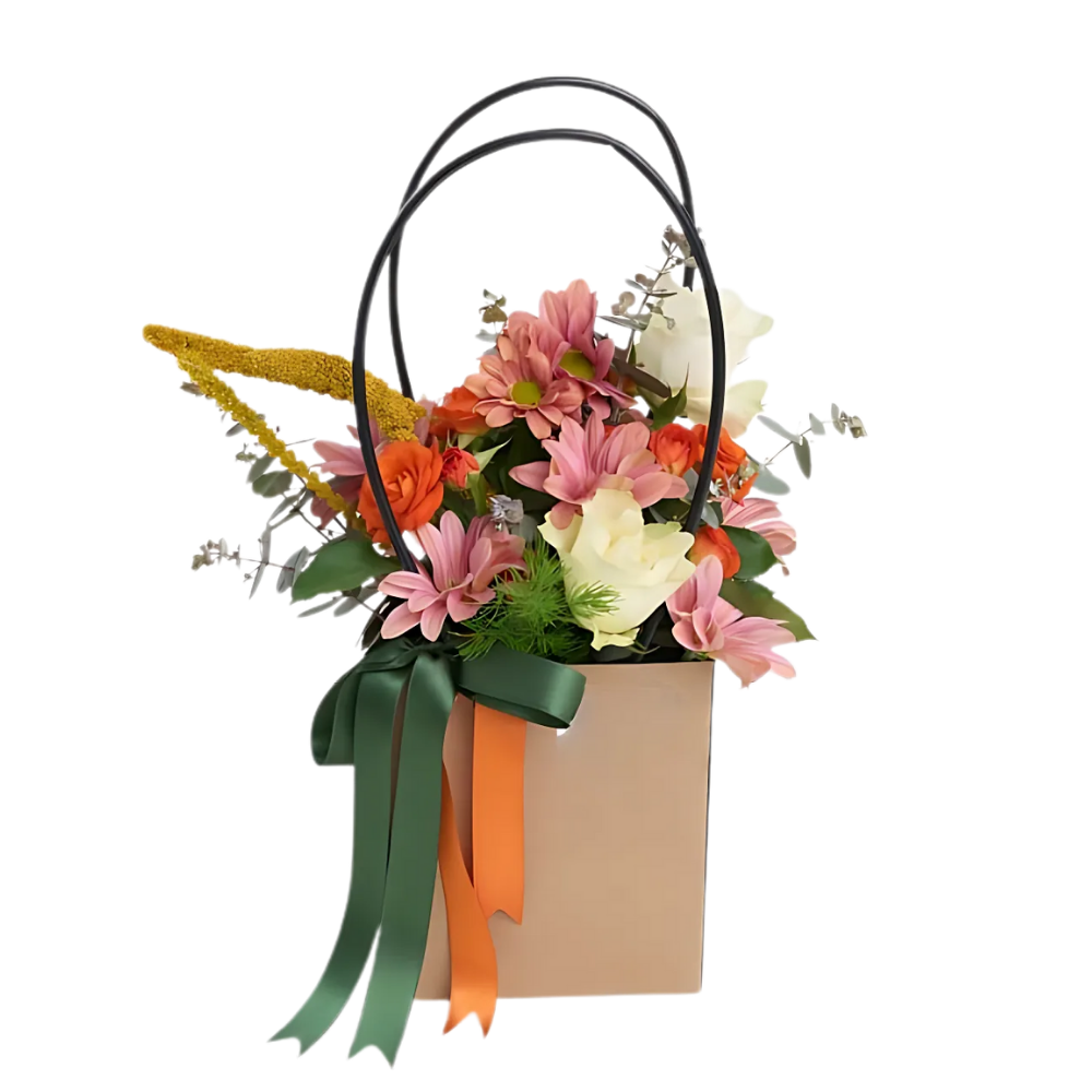 Color Pop – Kraft Çantada Renkli Gül ve Pembe Papatya