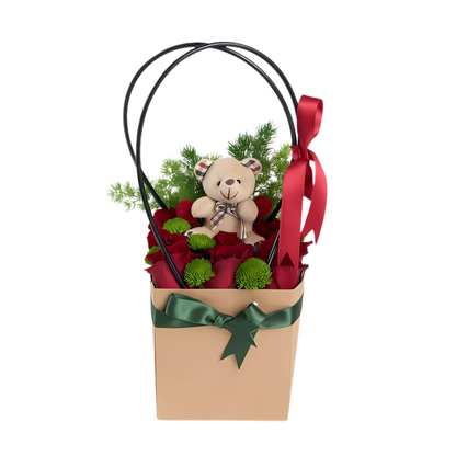 Red Bear – Kraft Çantada Kırmızı Gül ve Ayıcık Anahtarlık