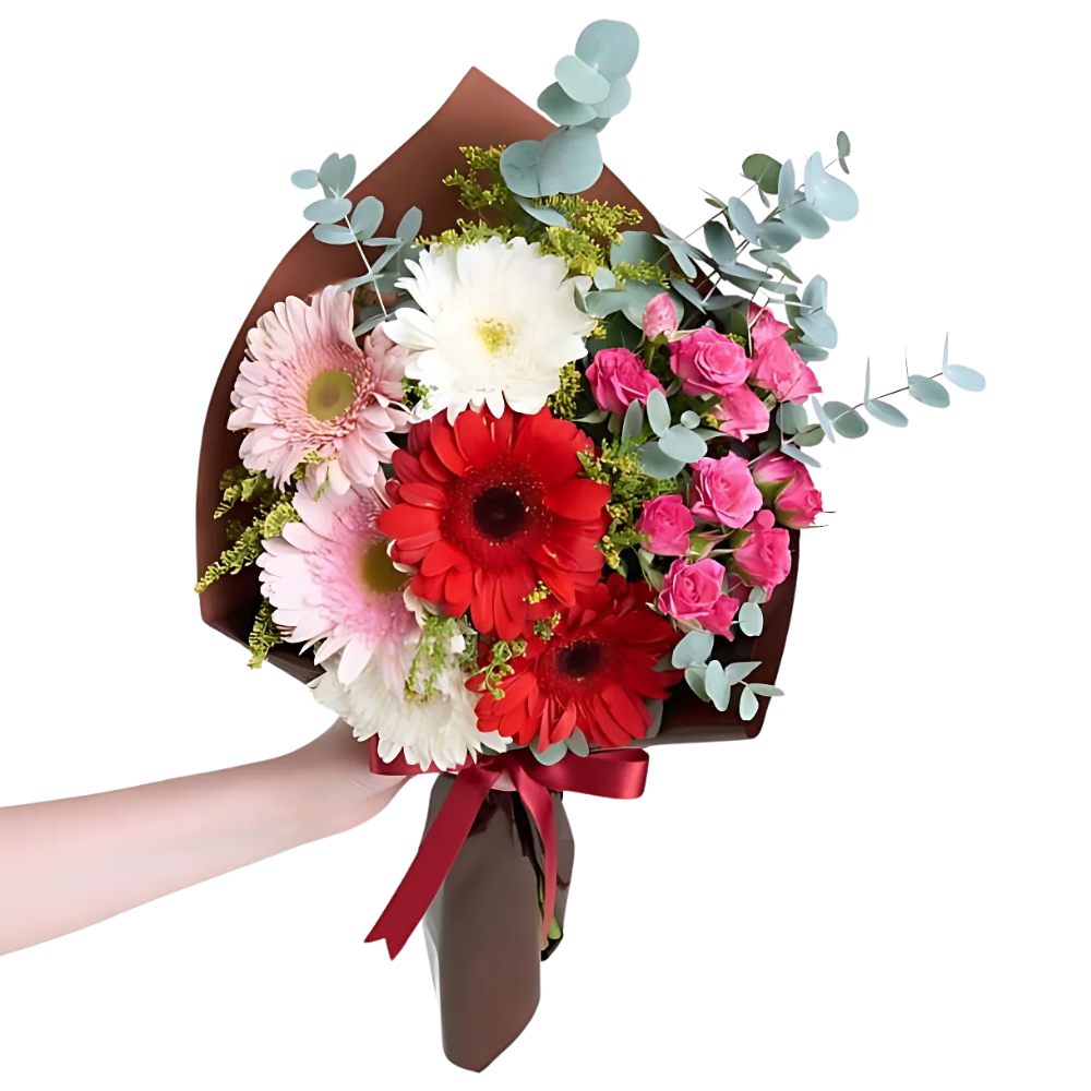 Kahve Kağıtta Gerberalar ve Pembe Gül Buketi - Rosentra | Premium Flowers