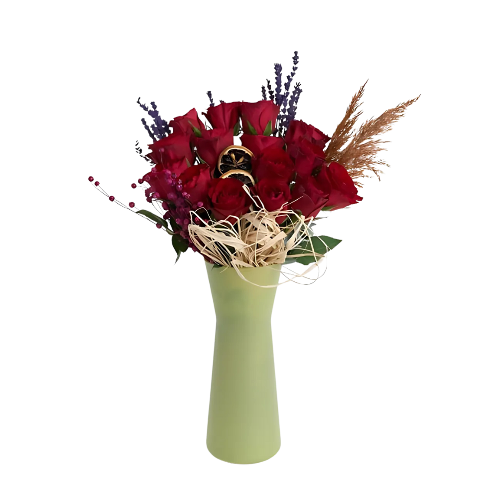 Yeşil Cam Vazoda 15 Kırmızı Gül - Rosentra | Premium Flowers