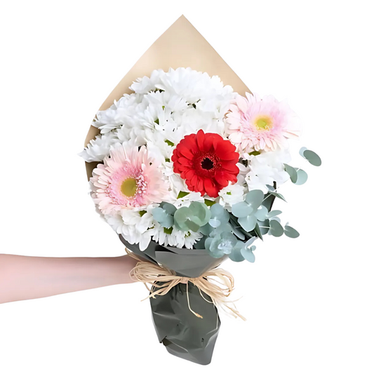 Yeşil Kahve Kağıtta Papatya ve Gerbera Buketi - Rosentra | Premium Flowers