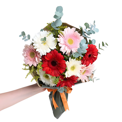 Yeşil Kahve Kağıtta Kırmızı Pembe Beyaz Gerbera Buketi - Rosentra | Premium Flowers