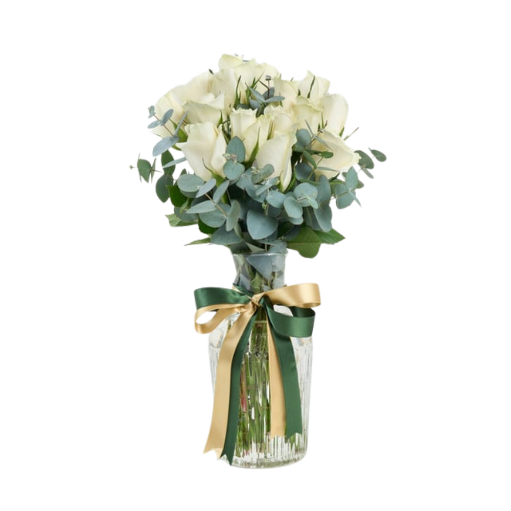 Premium Cam Vazoda 15 Beyaz Gül