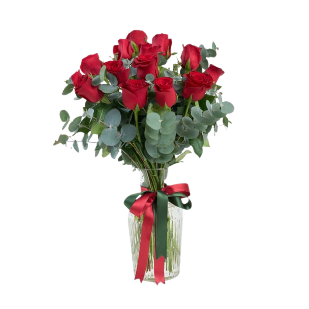 Premium Cam Vazoda 15 Kırmızı Gül