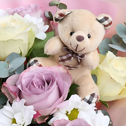 Lila Güller ve Ayıcık Buketi - Rosentra | Premium Flowers