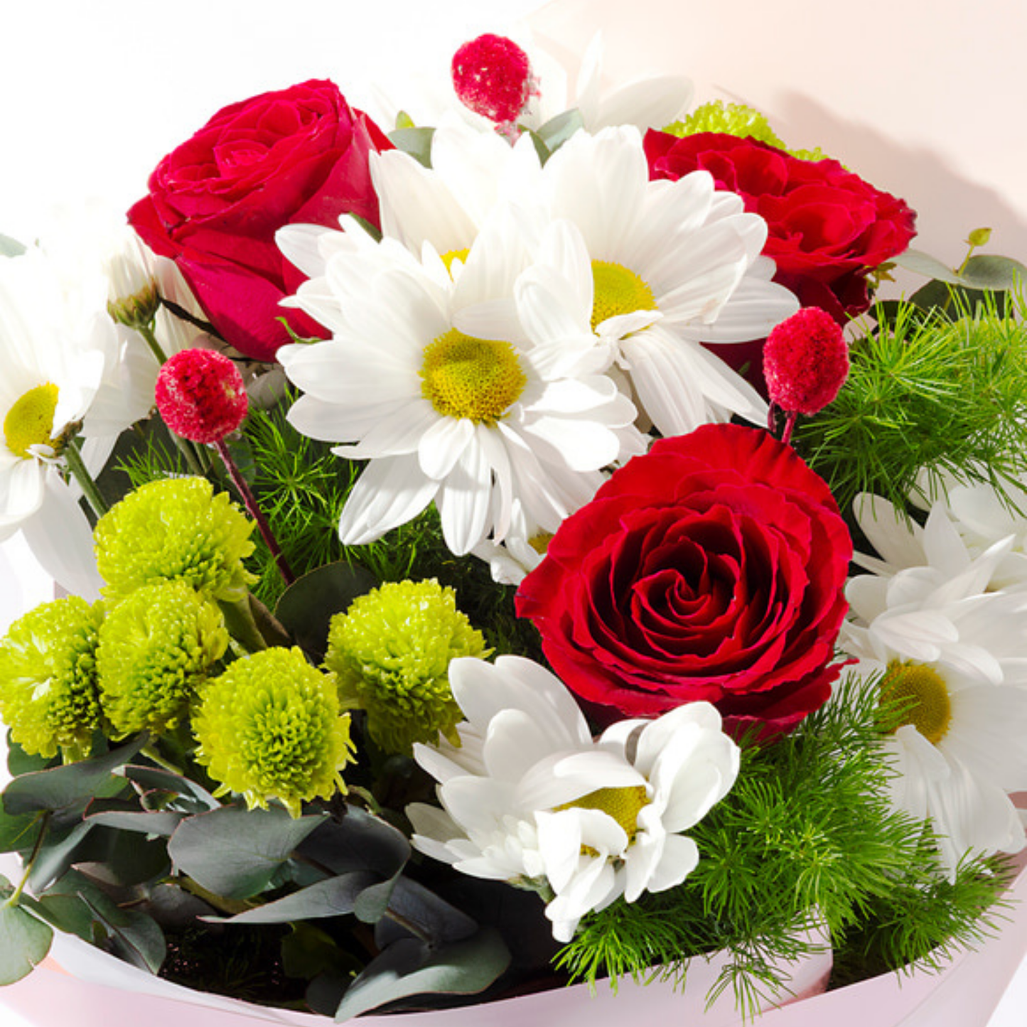 Warm Contrast – Krem Bukette Kırmızı Gül ve Papatya