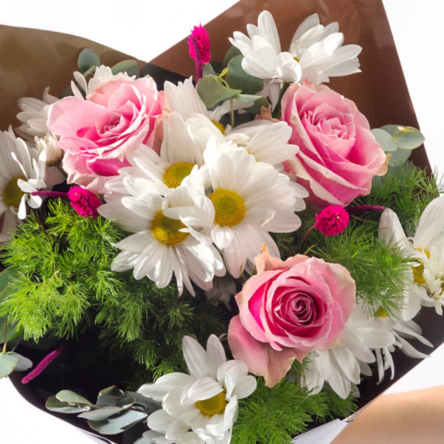 Fresh Garden – Yeşil Bukette Pembe Gül ve Papatya