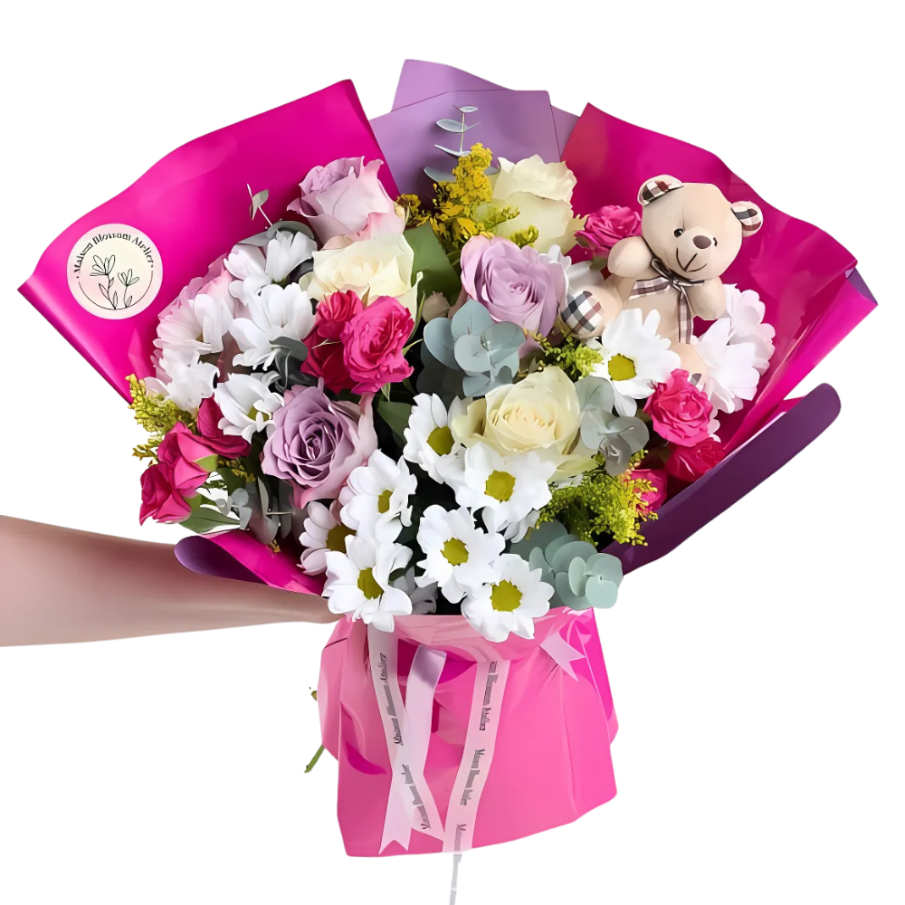 Pembe Bukette Renkli Güller ve Ayıcık - Rosentra | Premium Flowers