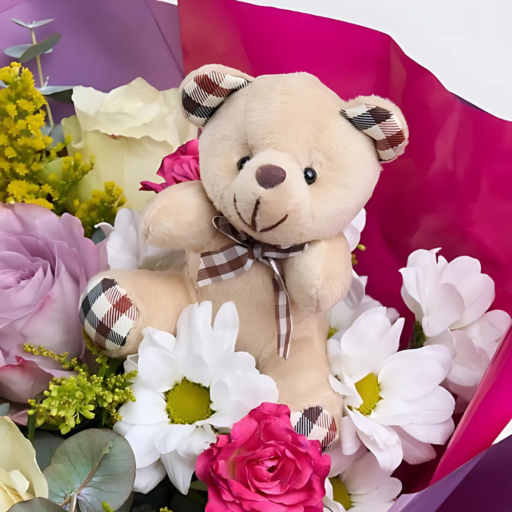 Pembe Bukette Renkli Güller ve Ayıcık - Rosentra | Premium Flowers