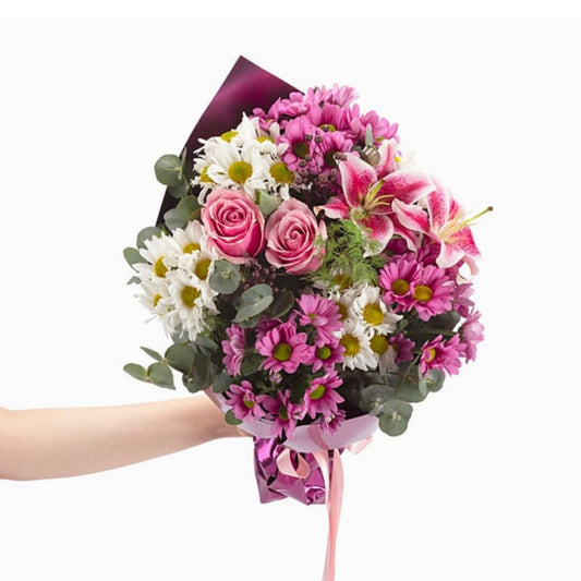 Lilac Morning – Mor Bukette Pembe Lilyum ve Papatya