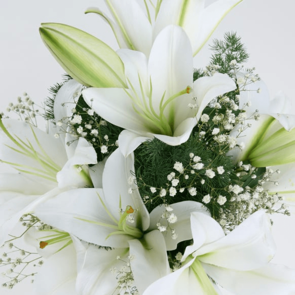 Yeşil Cam Vazoda Beyaz Lilyum Aranjmanı - Rosentra | Premium Flowers