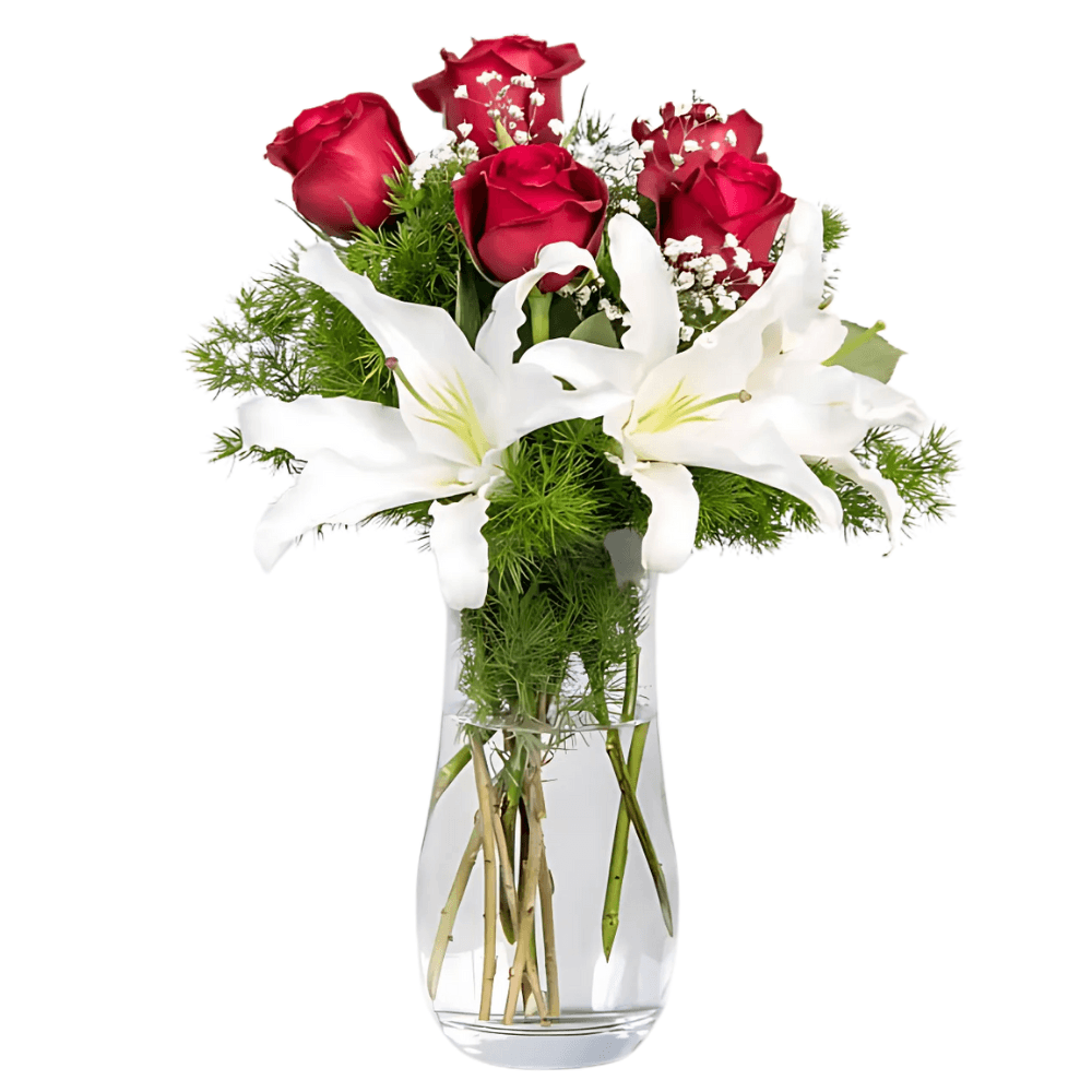 Vazoda Lilyum ve Kırmızı Gül - Rosentra | Premium Flowers