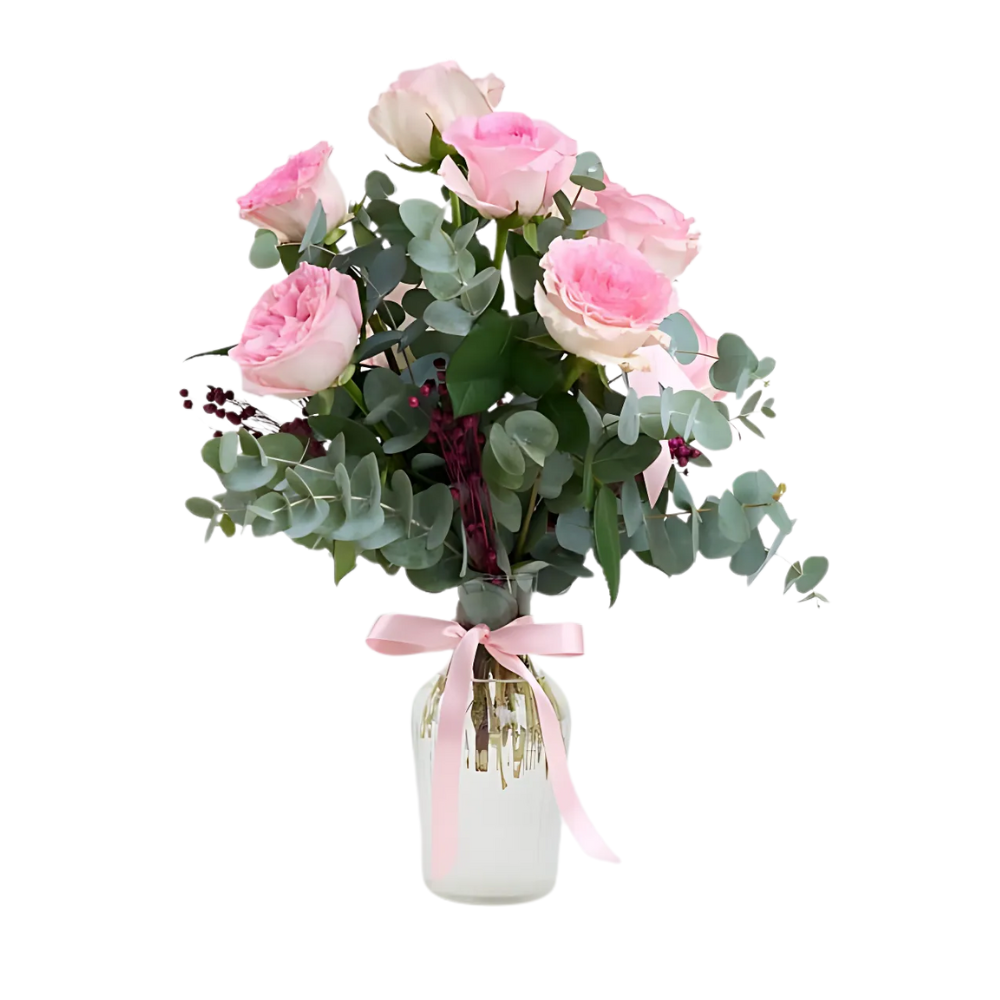 Rosy Touch – Çizgili Vazoda 8 Pembe Gül