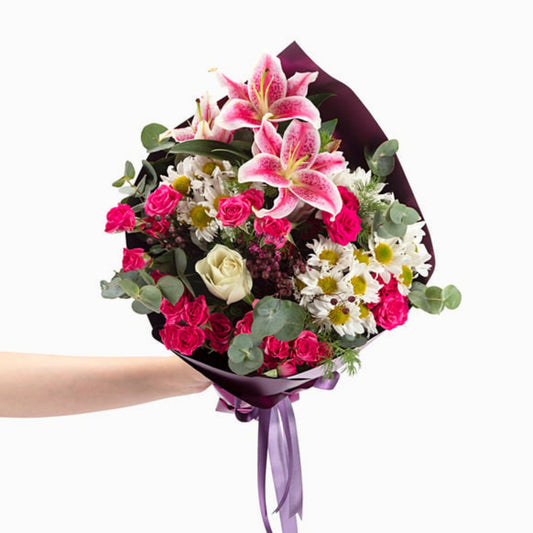 Pure Violet – Mor Bukette Lilyum, Beyaz Gül ve Papatya