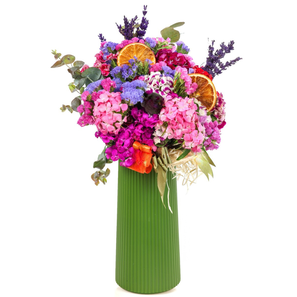 Color Crush – Yeşil Vazoda Renkli Mevsim Çiçekleri